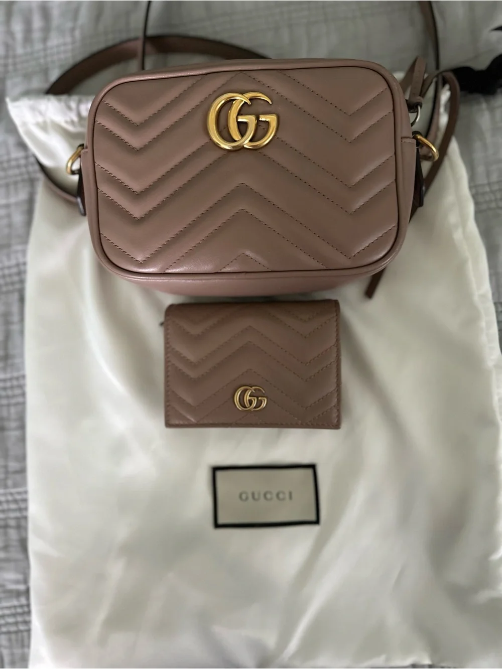 Gucci Leather Matelassé Mini Crossbody in Taupe Brown with matching wallet